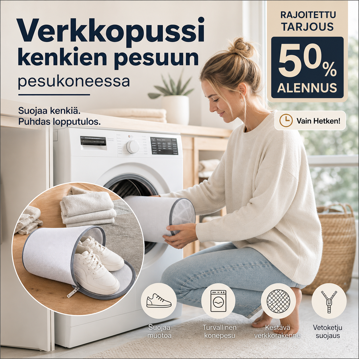 Verkkopussi kenkien pesuun pesukoneessa