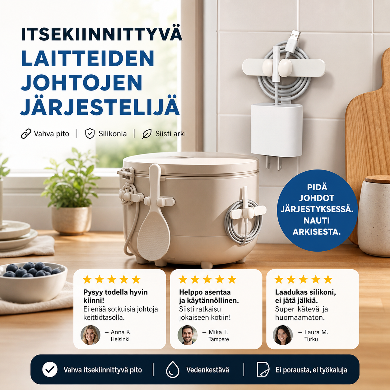 Itsekiinnittyvä silikoninen laitteiden johtojen järjestelijä
