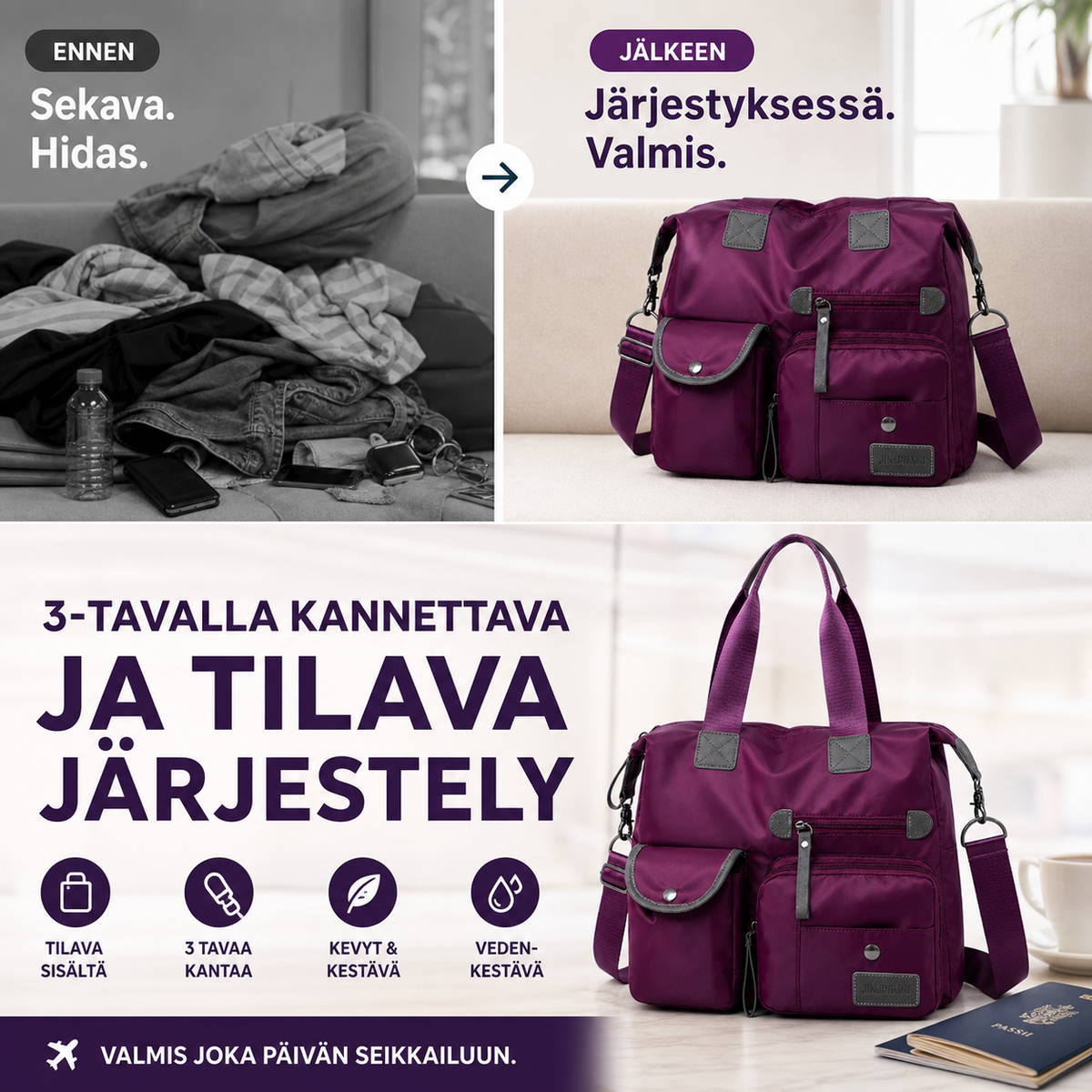 Vedenkestävä kassilaukku – 3-tavalla kannettava ja tilava järjestely