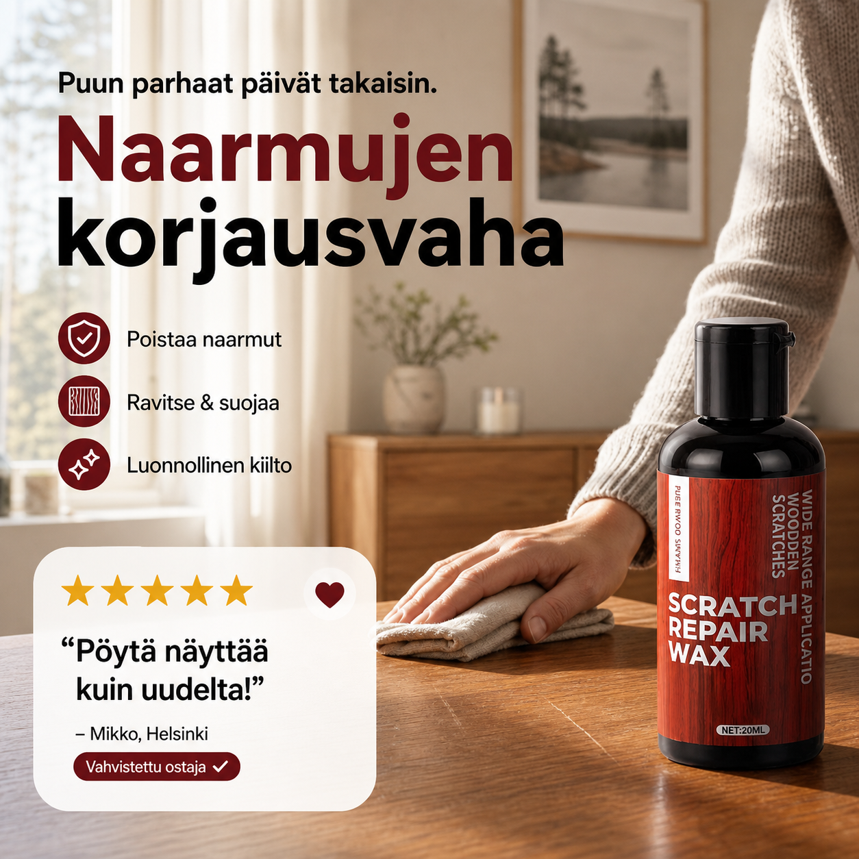 Naarmujen korjausvaha – Täyttää välittömästi puulattioiden ja huonekalujen naarmut ja kulumajäljet. Palauttaa puun luonnollisen syykuvion, ei tarvitse vaihtaa! 💰✨