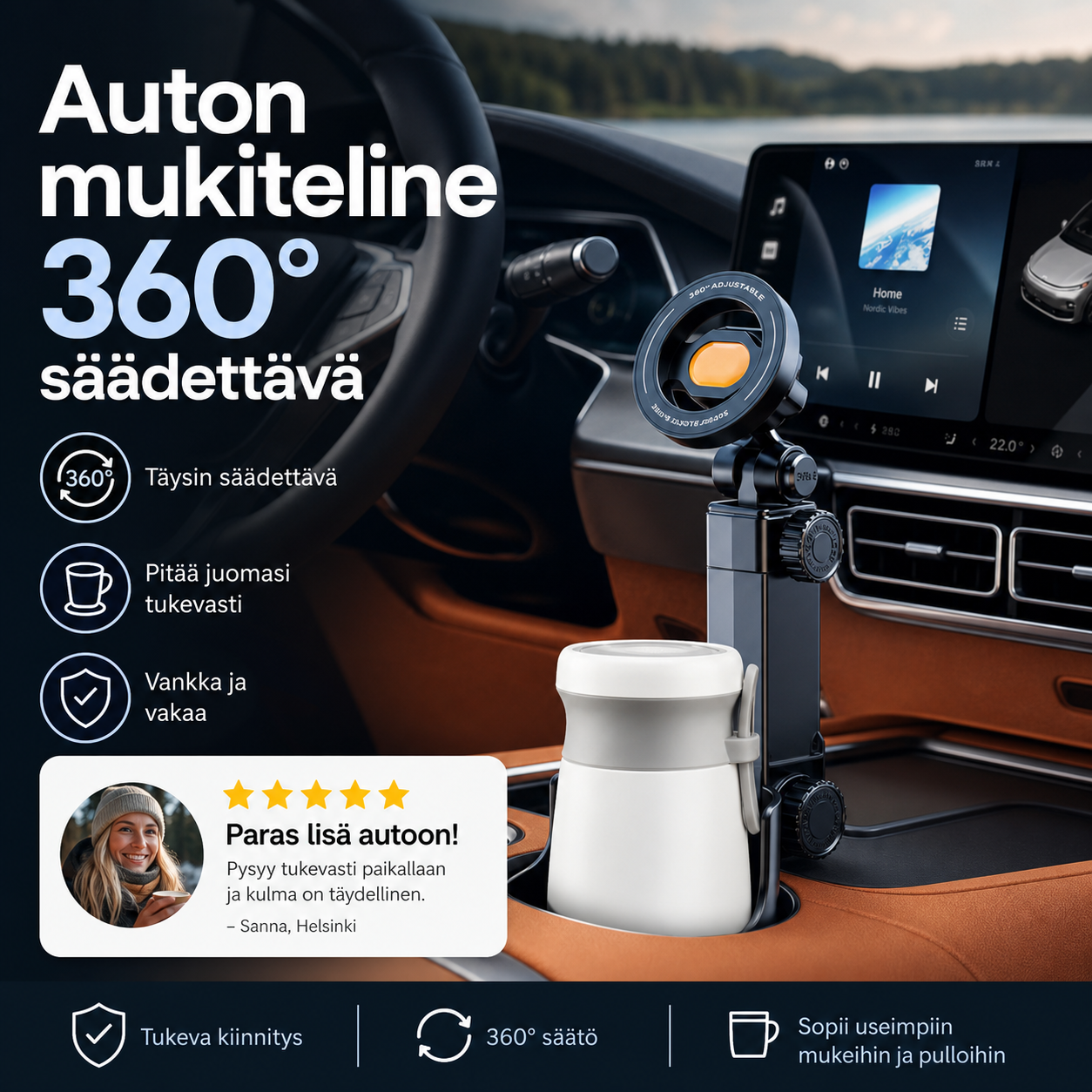 Auton mukiteline – 360° säädettävä, vahva N52-magneetti, yhden käden käyttö, sopii kaikkiin puhelimiin, vakaa magneetti- ja puristinmalli turvalliseen ajoon.