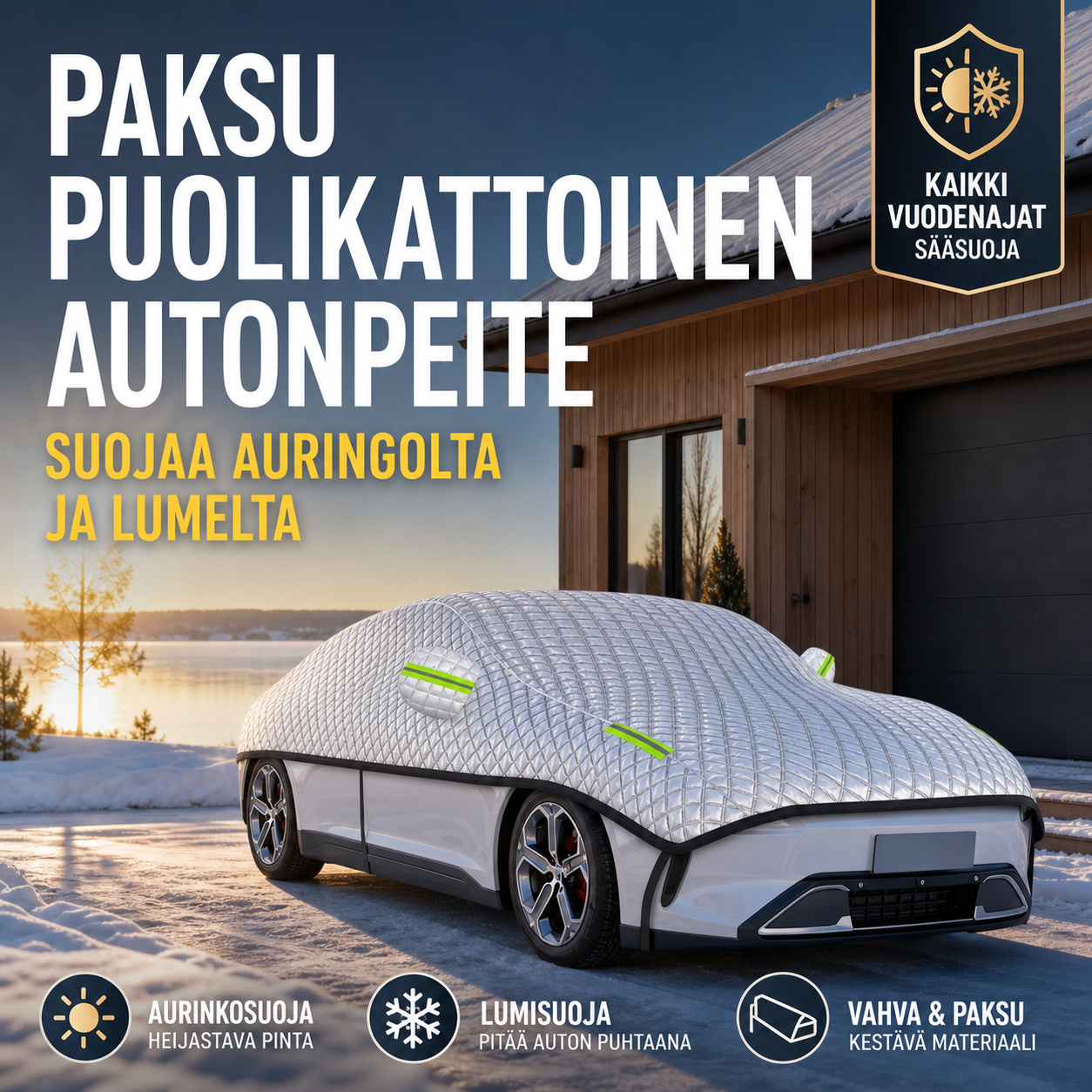 Paksu puolikattoinen autonpeite, suojaa auringolta ja lumelta