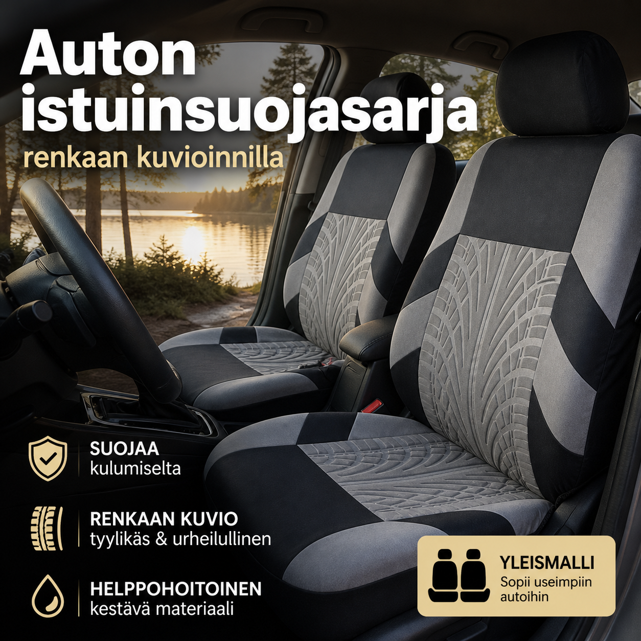 Auton istuinsuojasarja renkaan kuvioinnilla