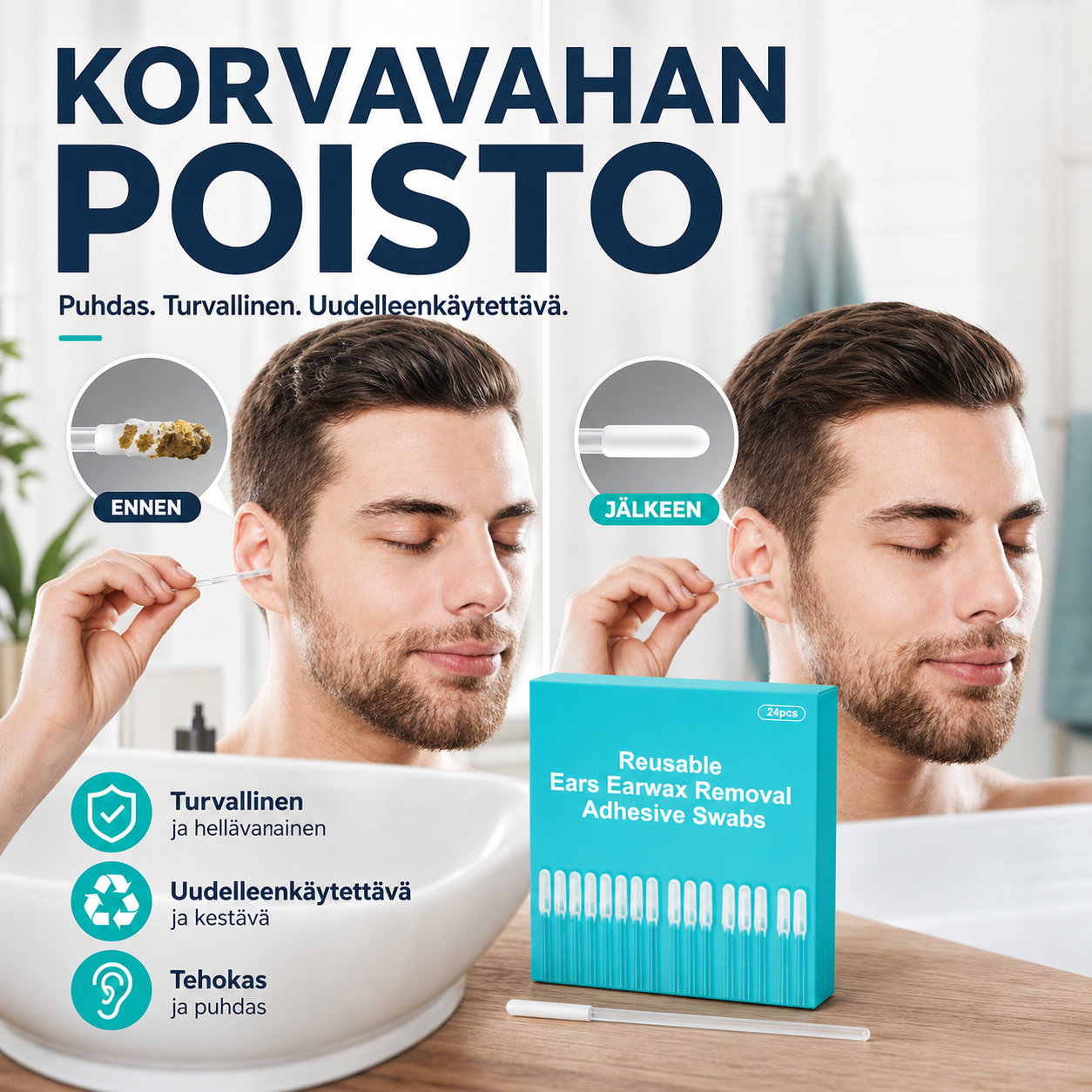 Uudelleenkäytettävät korvavahanpoistoon tarkoitetut liimapyyhkeet