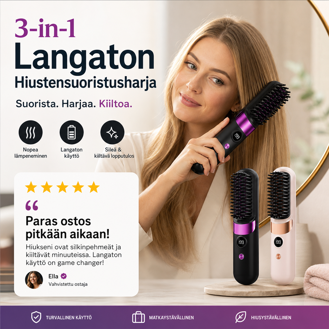 💇‍♀️🔥 3-in-1 Langaton Hiustensuoristusharja – Suorista, Kiharru & Selvitä – USB-C Ladattava, 4 Lämpöasetusta – Täydellinen Hiustyyli Missä Tahansa! ✨
