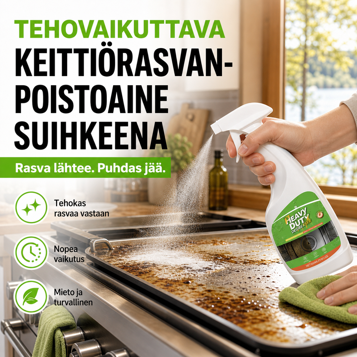 Tehovaikuttava keittiörasvanpoistoaine suihkeena