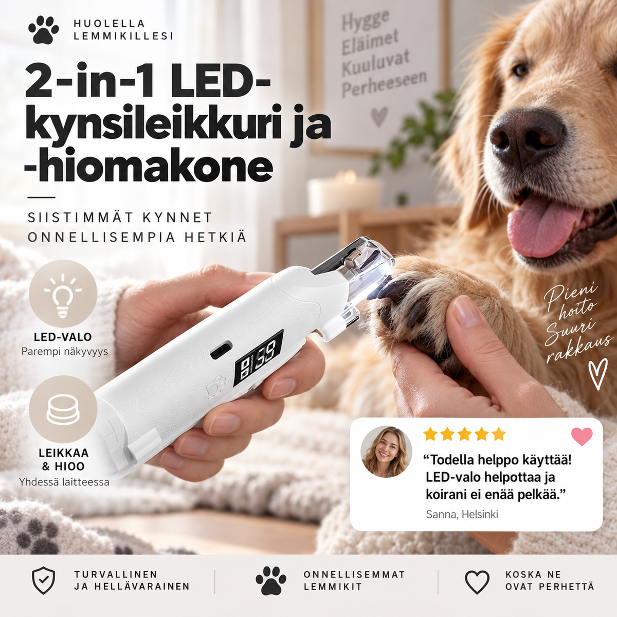 2-in-1 LED-kynsileikkuri ja -hiomakone – leikkaa ja hio turvallisesti yhdellä laitteella!