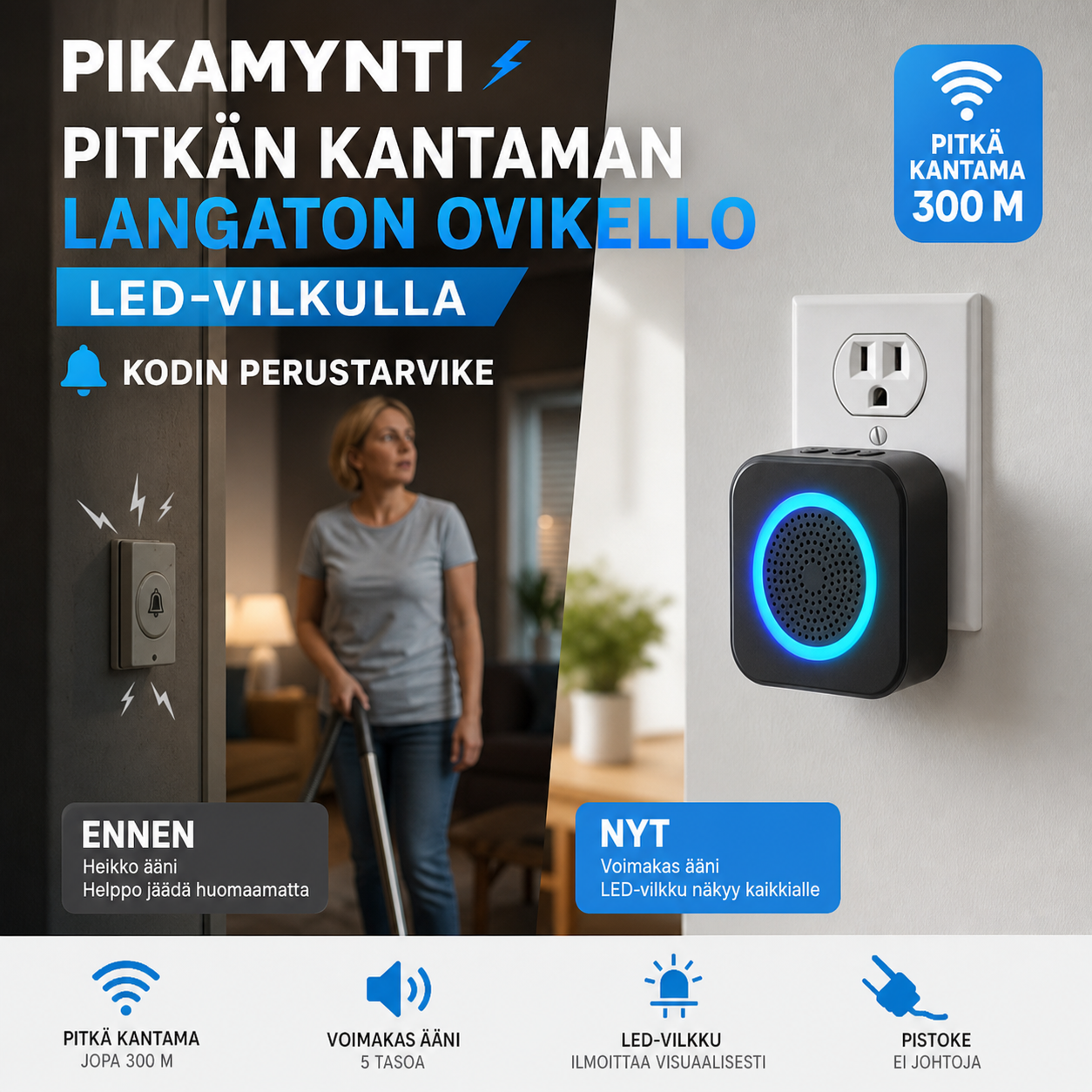 ⚡ PIKAMYNTI 📶 Pitkän kantaman langaton ovikello LED-vilkulla 🔔 Kodin perustarvike