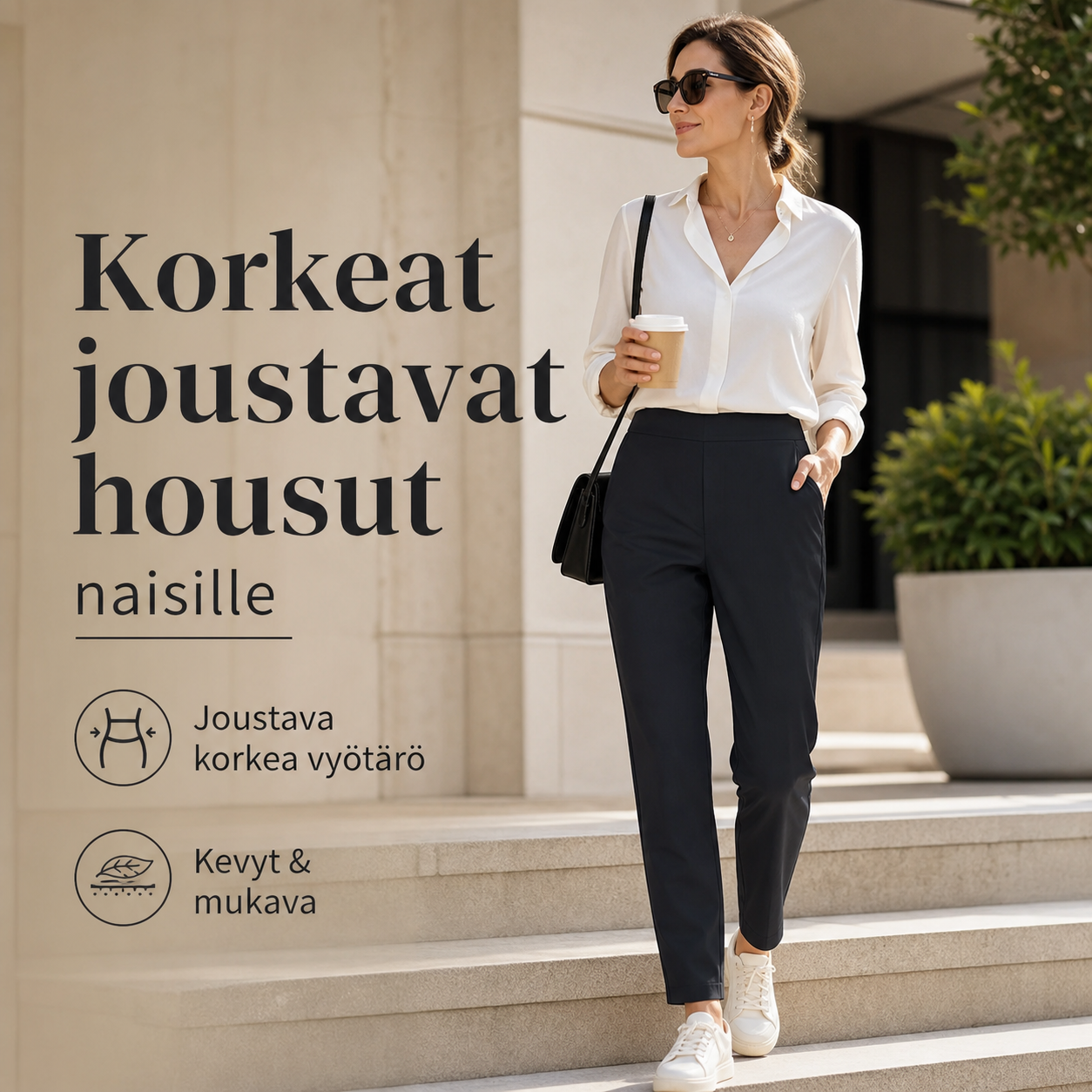 Korkeat joustavat housut naisille, joissa on taskut vetoketjun kanssa