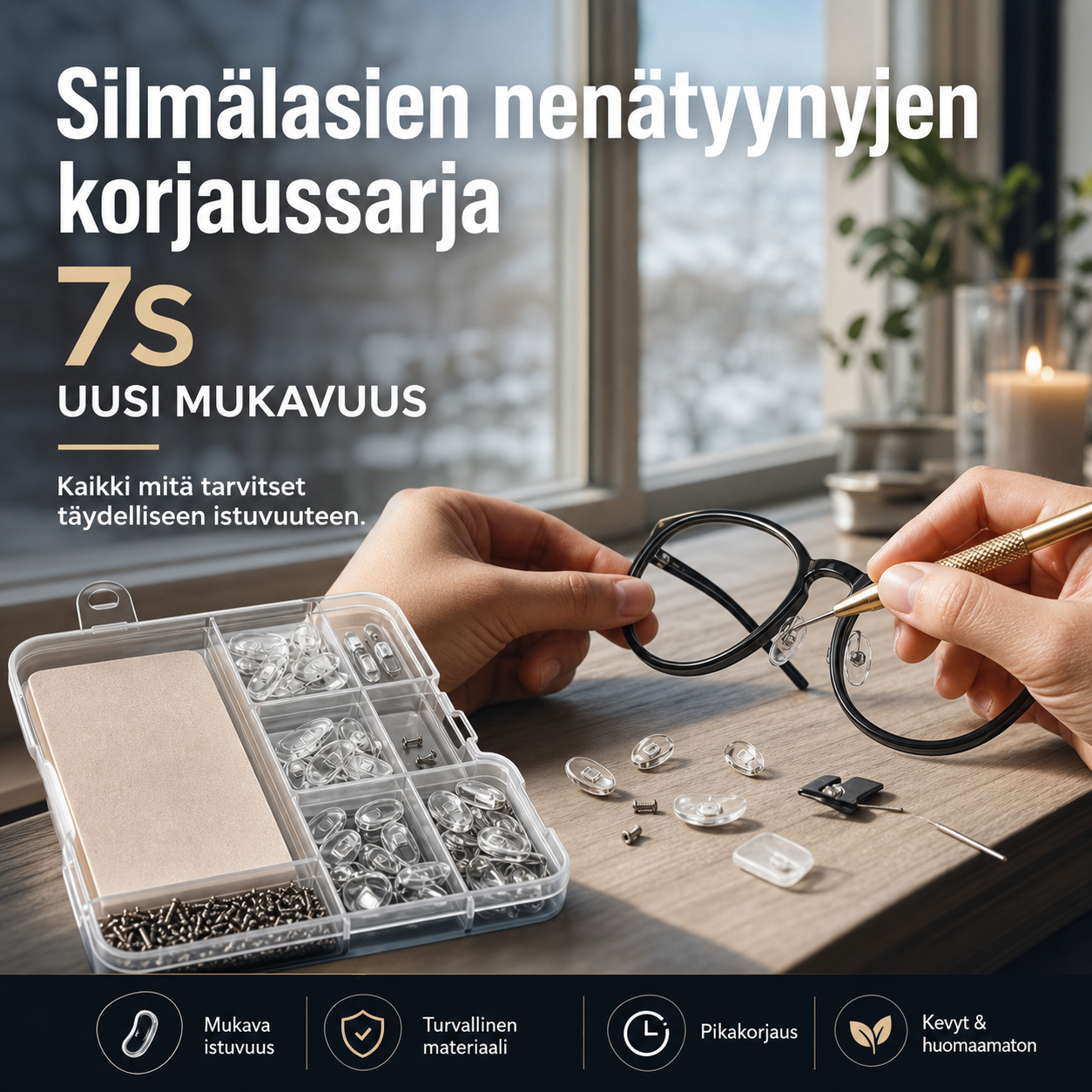 👓-50% NYT! 🛠️Silmälasien nenätyynyjen korjaussarja – Pehmeät liukumattomat tyynyt, täydelliset korjaustyökalut, yleiskäyttöinen silmälasien huoltosarja