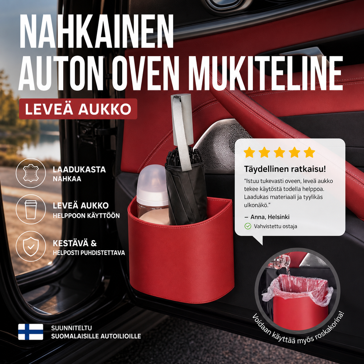 🔥Nahkainen auton oven mukiteline – Leveä aukko, juomat ja puhelin ovat helposti ulottuvilla. Kiinnittyy tukevasti klipsulla. PU-nahkaa, kestävä ja tyylikäs. 🛡️✨