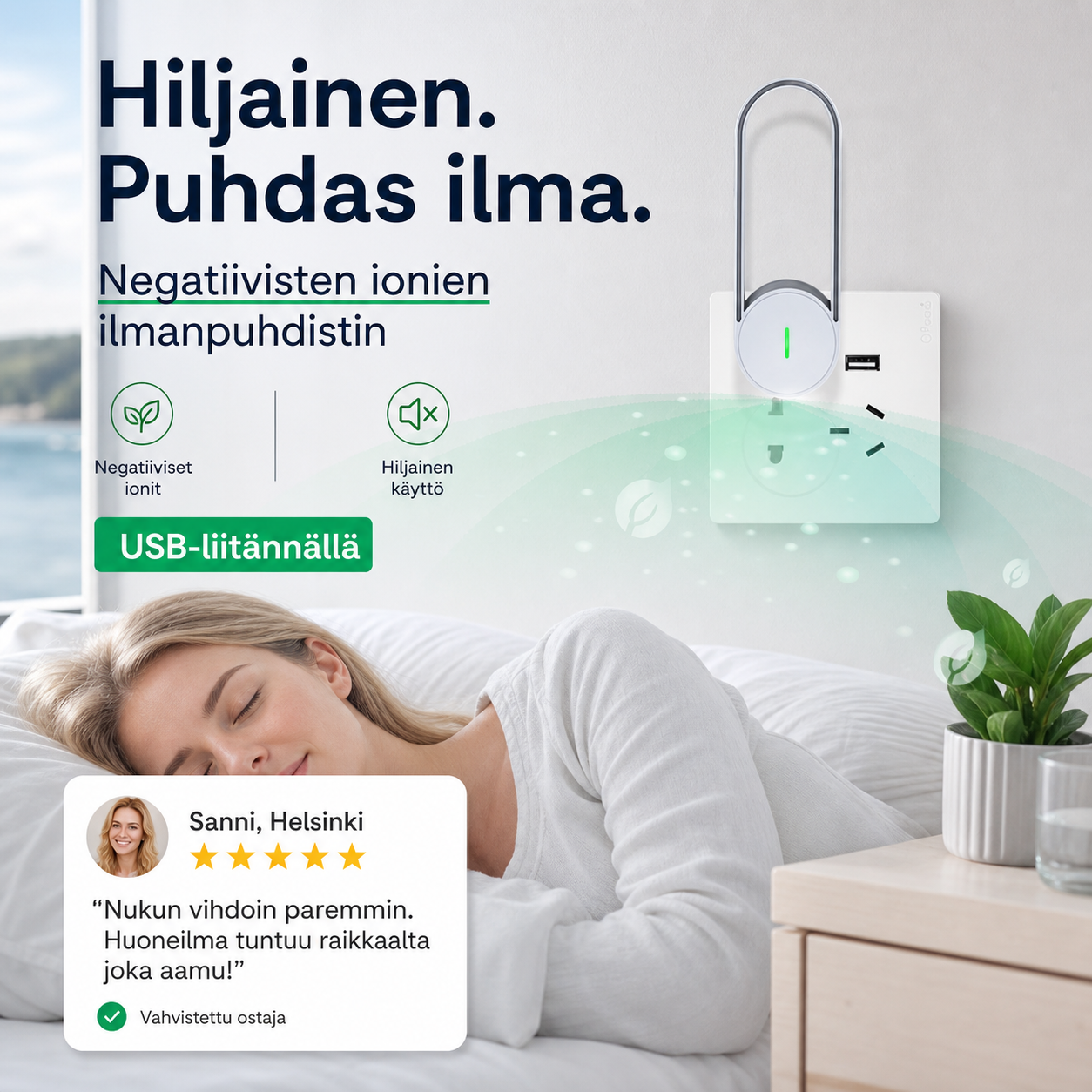 Kannettava, hiljainen USB-liitännällä varustettu negatiivisten ionien ilmanpuhdistin