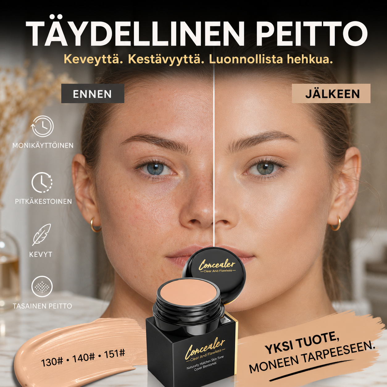 Monikäyttöinen, pitkäkestoinen, kevyt ja tasainen peitevoide