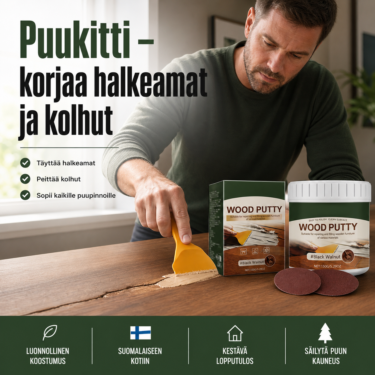 🔥Pikamyynti🔥 Puukitti – korjaa halkeamat ja kolhut – sulautuu tummaan puuhun!