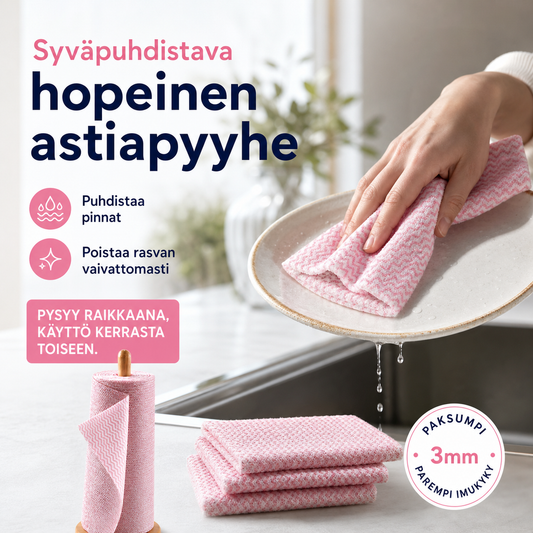 Syväpuhdistava hopeinen astiapyyhe