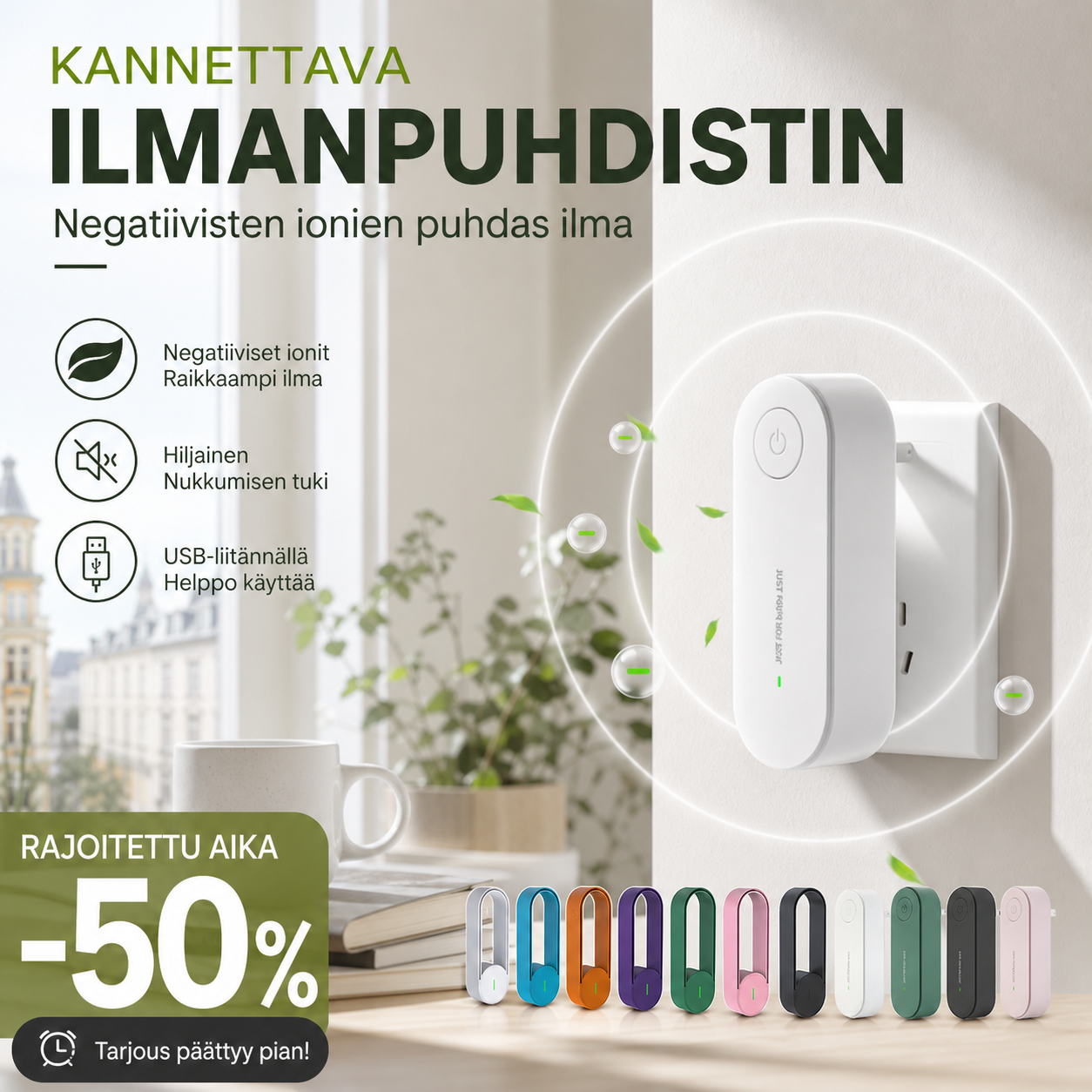 Kannettava, hiljainen USB-liitännällä varustettu negatiivisten ionien ilmanpuhdistin