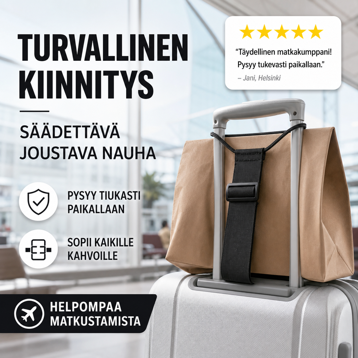 🧳✨ ”OSTA 1, SAAT 1 ILMAISEKSI” -TARJOUS! Kädet vapaana -matkatavaranauha – Turvallinen kiinnitys, säädettävä joustava nauha, 35 g, ihanteellinen lentokentille ja rautatieasemille 🔥