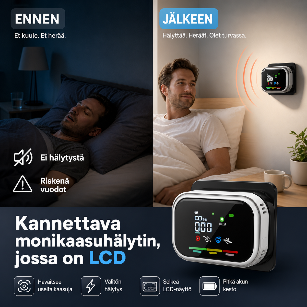 Kannettava monikaasuhälytin, jossa on LCD-näyttö ja varakäyttöakku