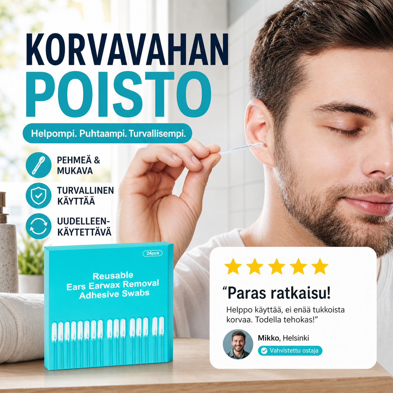 Uudelleenkäytettävät korvavahanpoistoon tarkoitetut liimapyyhkeet