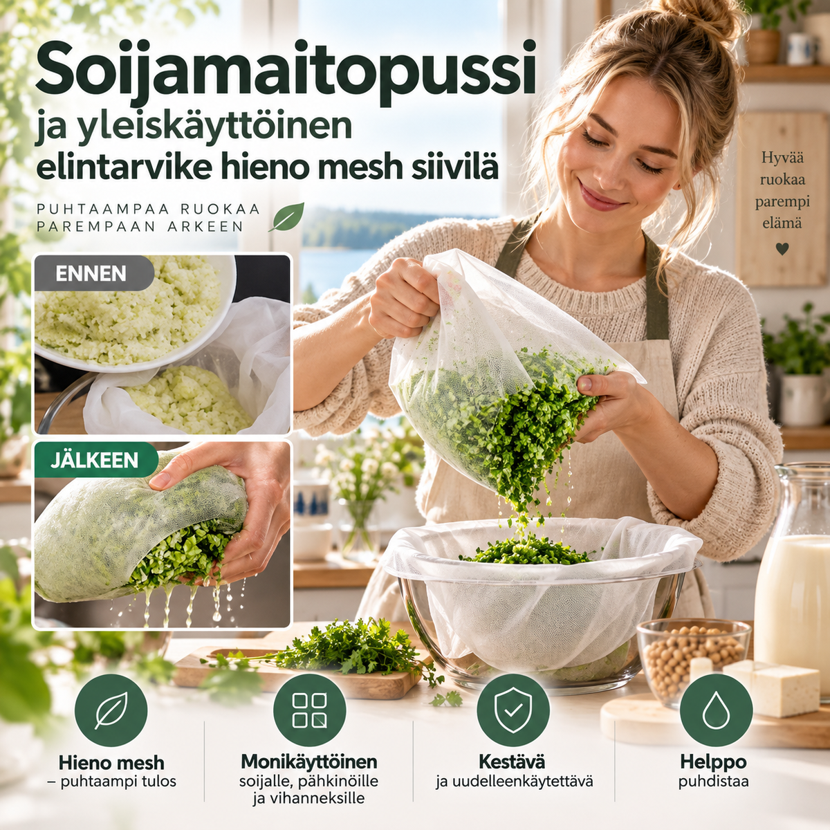 Soijamaitopussi  ja yleiskäyttöinen elintarvike hieno mesh siivilä suodatin