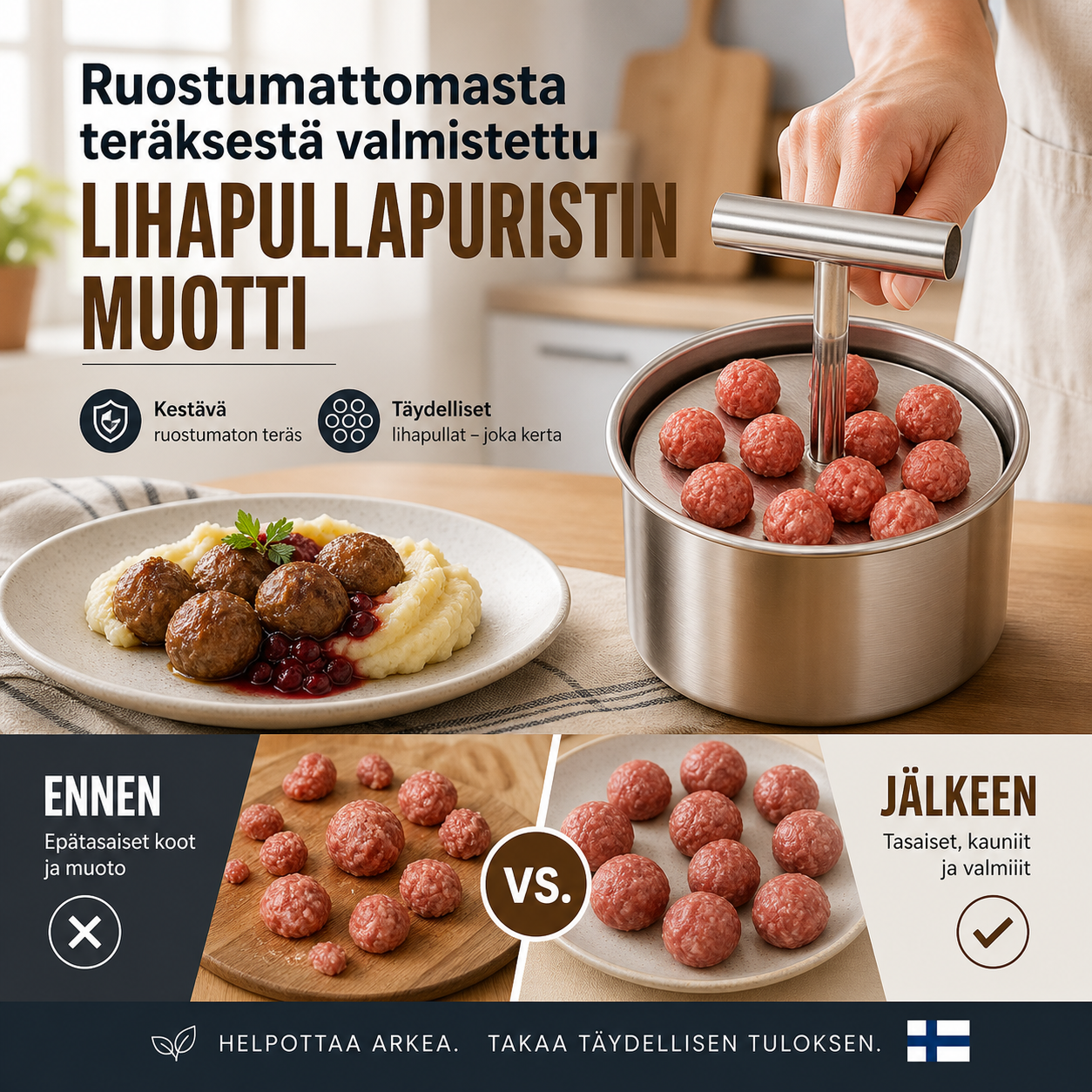 🔥Ruostumattomasta teräksestä valmistettu lihapullapuristin muotti