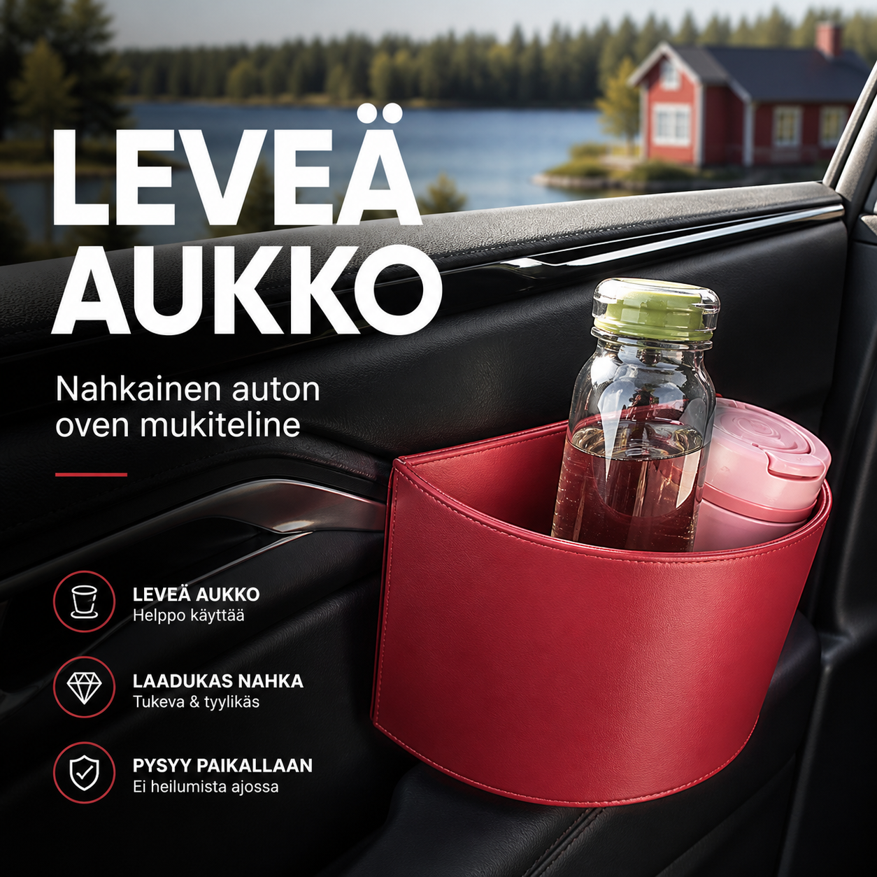🔥Nahkainen auton oven mukiteline – Leveä aukko, juomat ja puhelin ovat helposti ulottuvilla. Kiinnittyy tukevasti klipsulla. PU-nahkaa, kestävä ja tyylikäs. 🛡️✨
