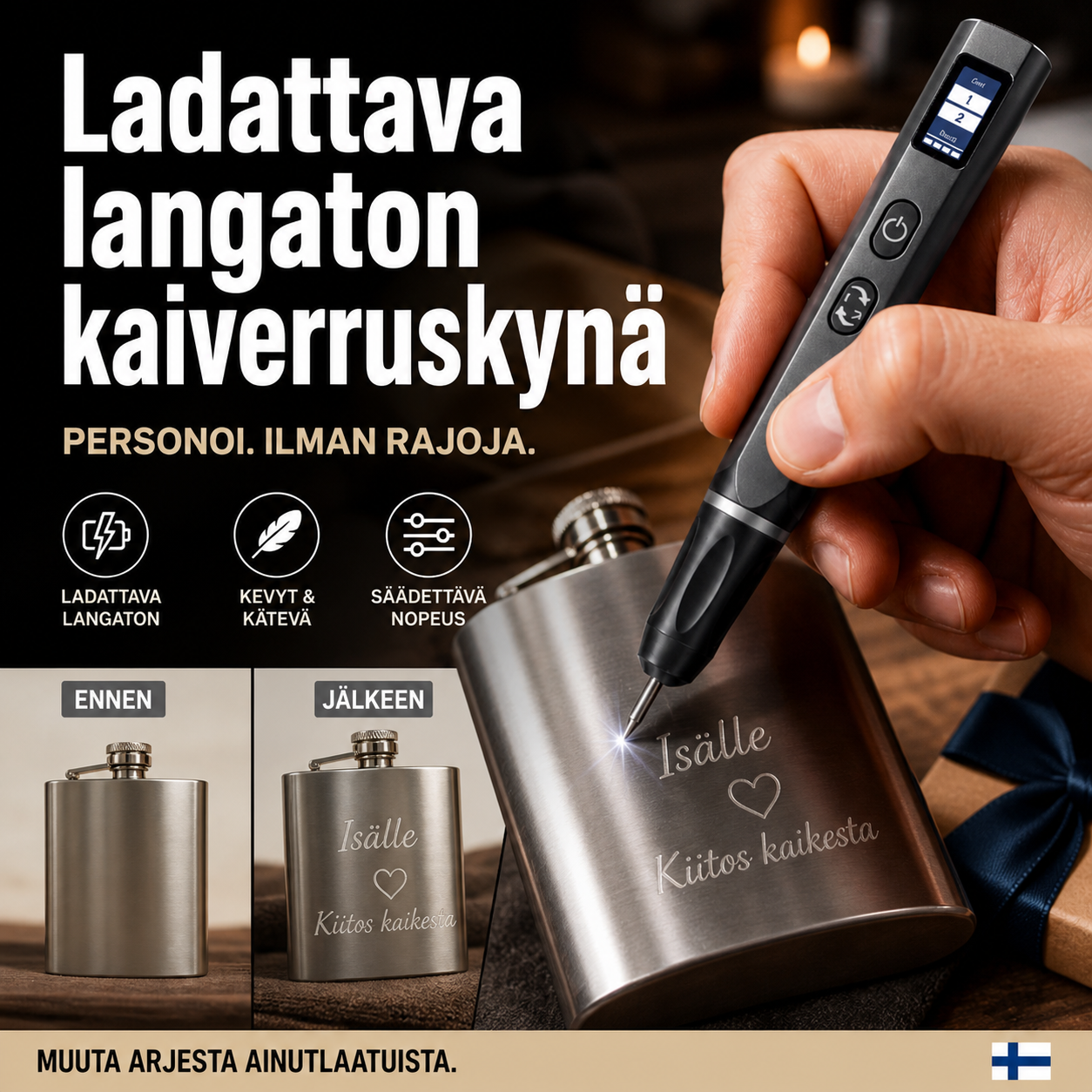 Ladattava langaton kaiverruskynä – tarkka ja helppo kaiverrus kaikille pinnoille!