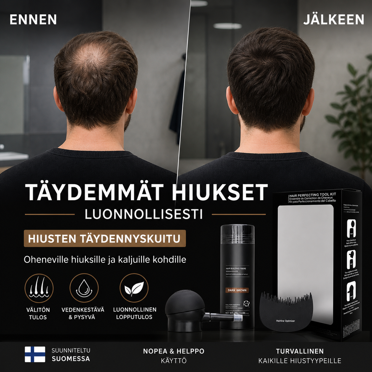 Hiusten täydennyskuitu sarja oheneville hiuksille ja kaljuille kohdille