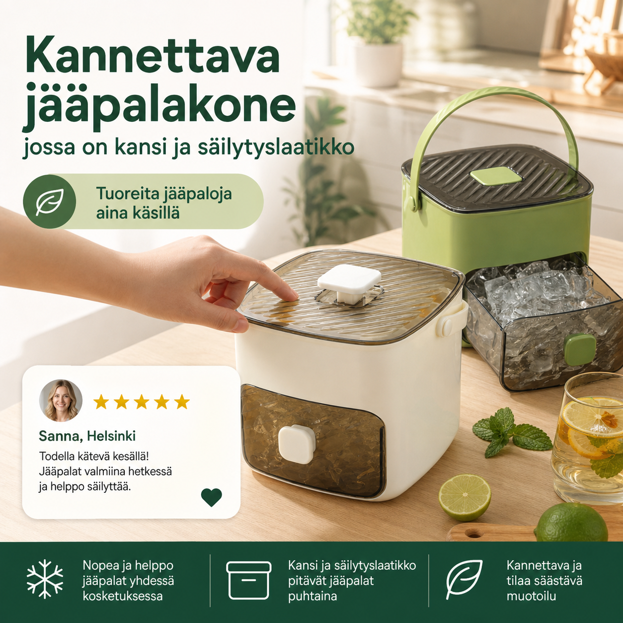 🧊Kannettava jääpalakone, jossa on kansi ja säilytyslaatikko (48 kuutiota)