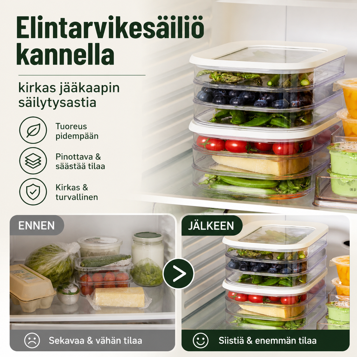 Elintarvikesäiliö kannella – kirkas jääkaapin säilytysastia