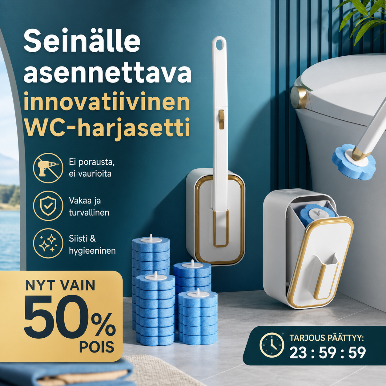 Seinälle asennettava innovatiivinen WC-harjasetti