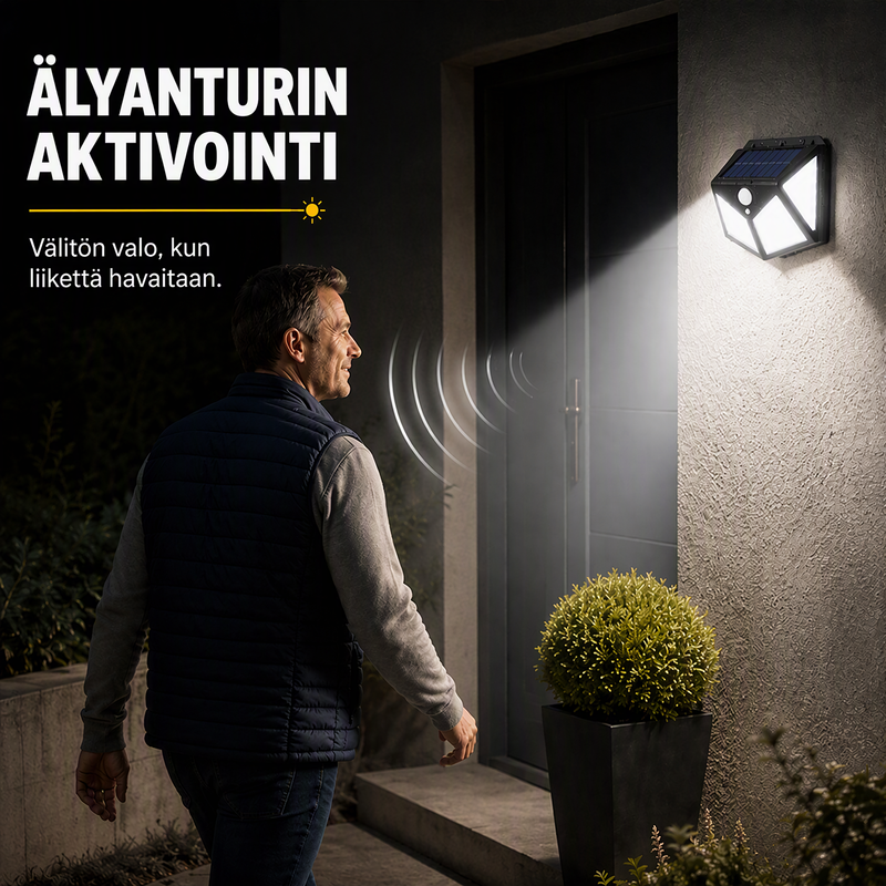 🌙💡 100 LEDin aurinkokäyttöinen seinävalaisin – 120° liiketunnistin, IP65-suojaus ja automaattinen valaistus pihalle ja mökille ☀️