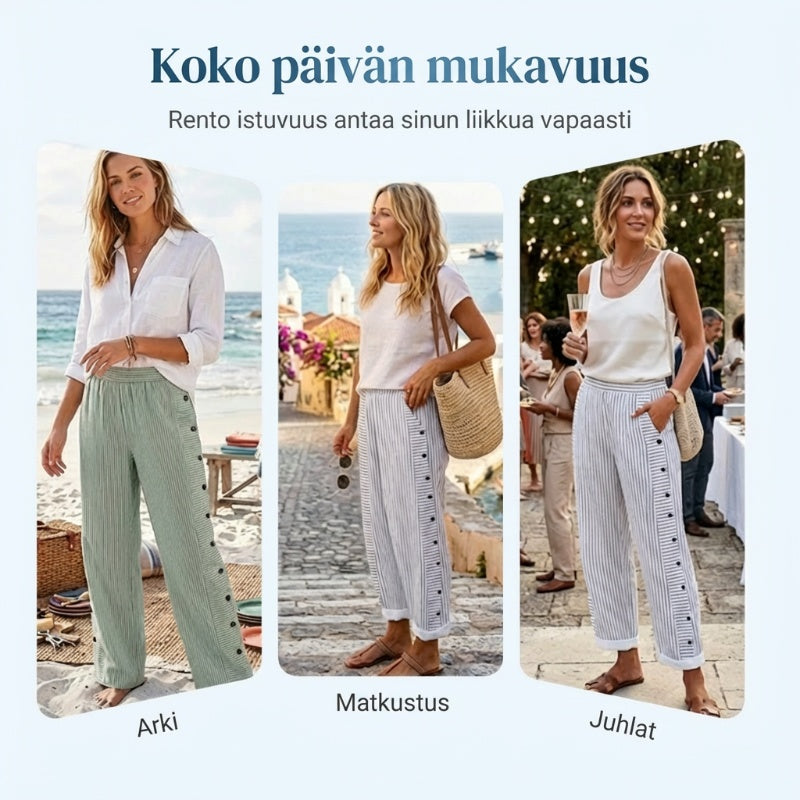 👖 NYT 50 % ALENNUS! 🌿 Muodikkaat, väljät siniraitaiset housut – käytännölliset sivutaskut, hoikistava istuvuus ja täydelliset keväisiin päiviin 🌸