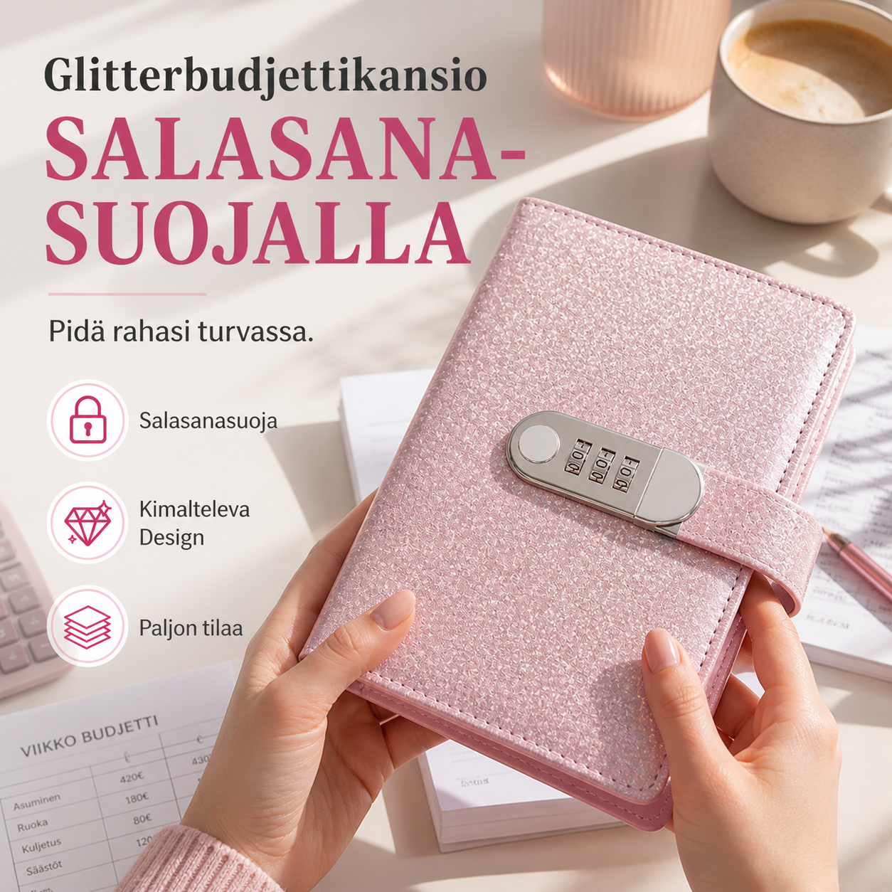 Glitterbudjettikansio salasanasuojalla