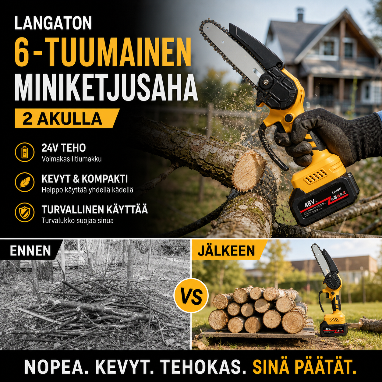 ⚡60 % alennus nyt! 🌳Langaton 6-tuumainen miniketjusaha 1 akulla🌲