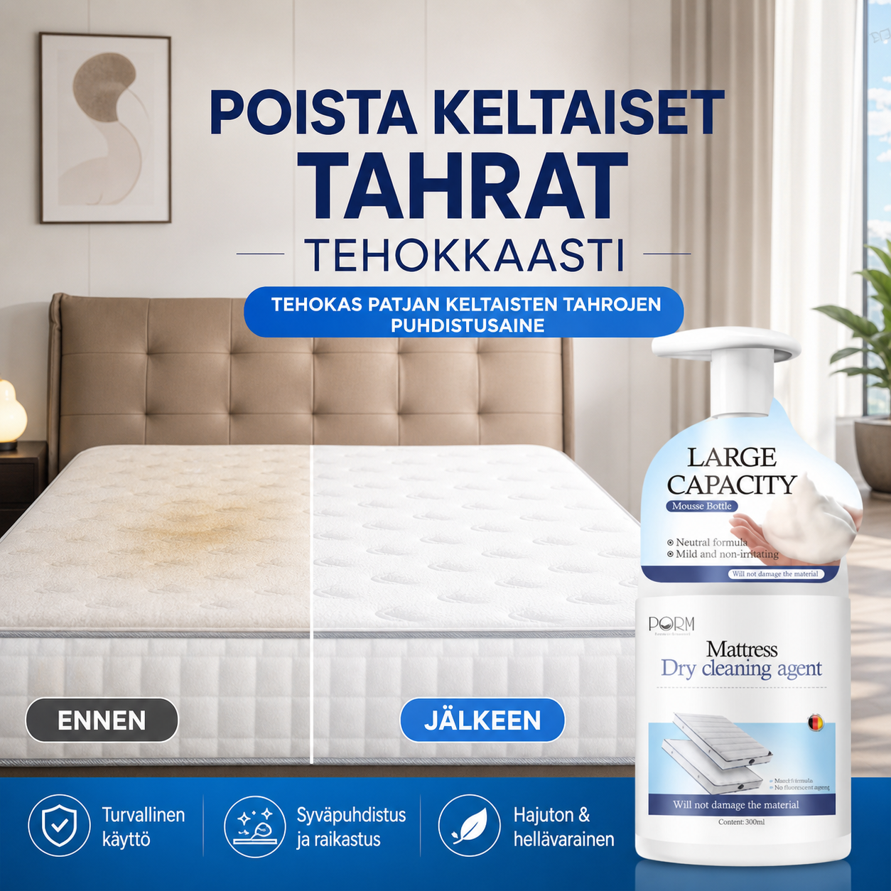 Tehokas patjan keltaisten tahrojen puhdistusaine