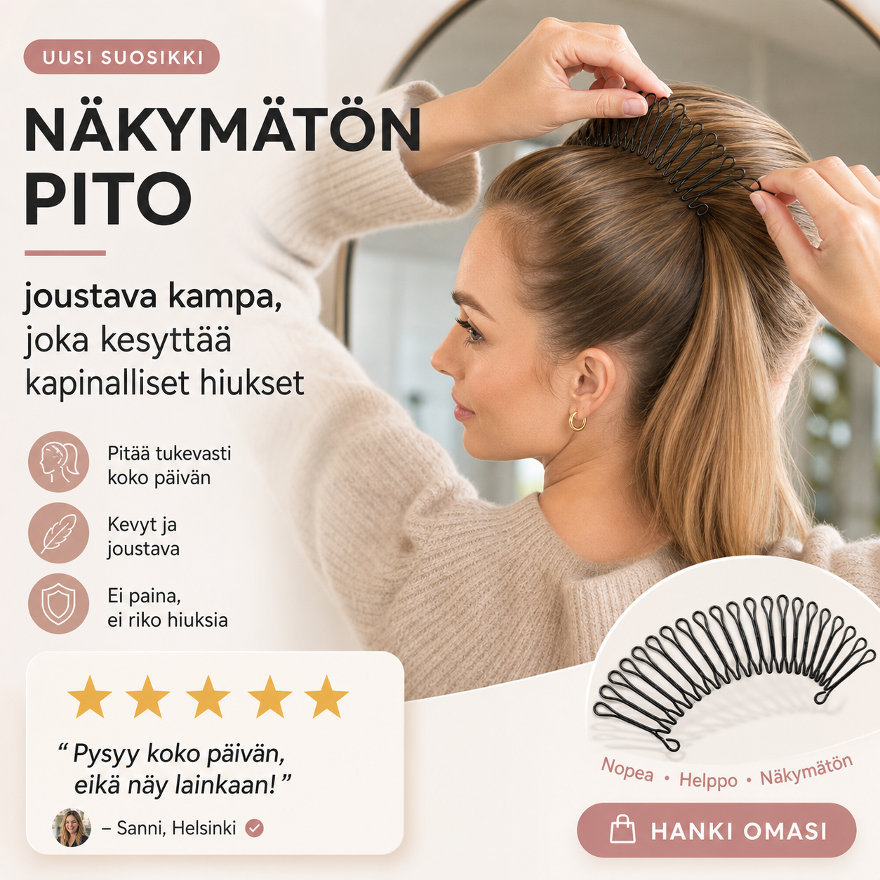 Näkymätön pito – joustava kampa, joka kesyttää kapinalliset hiukset