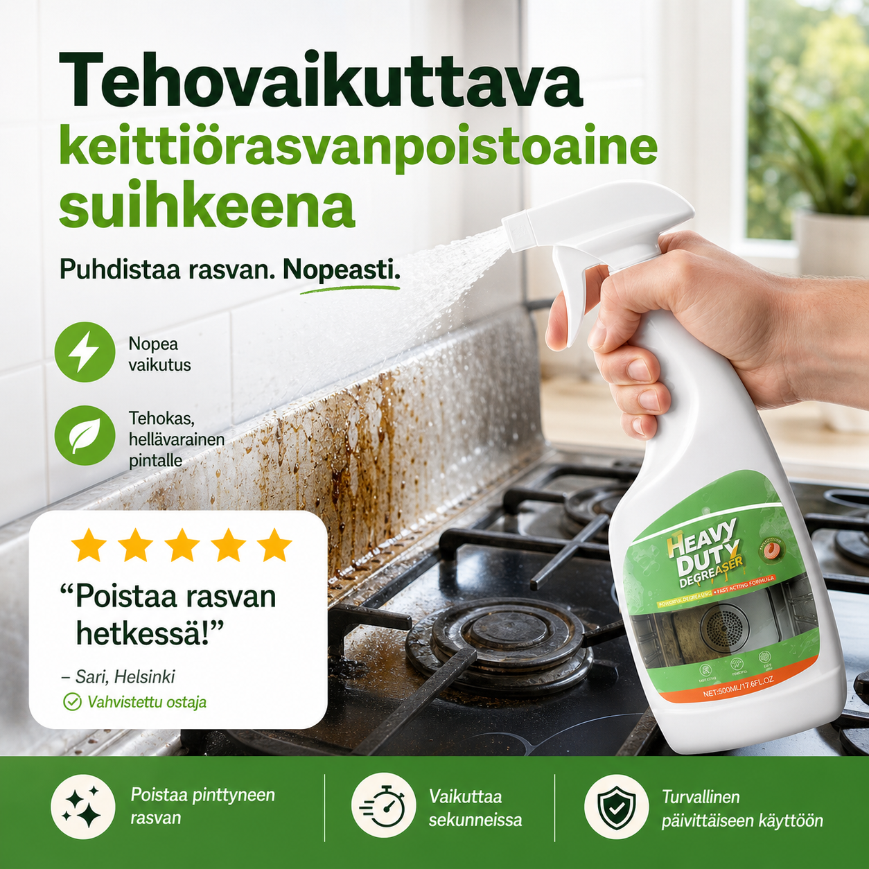 Tehovaikuttava keittiörasvanpoistoaine suihkeena
