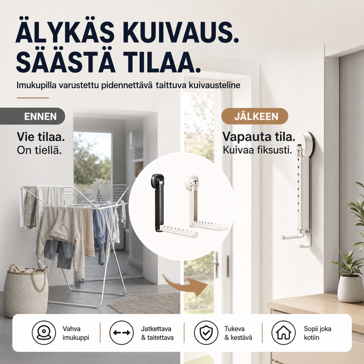 Imukupilla varustettu pidennettävä taittuva kuivausteline