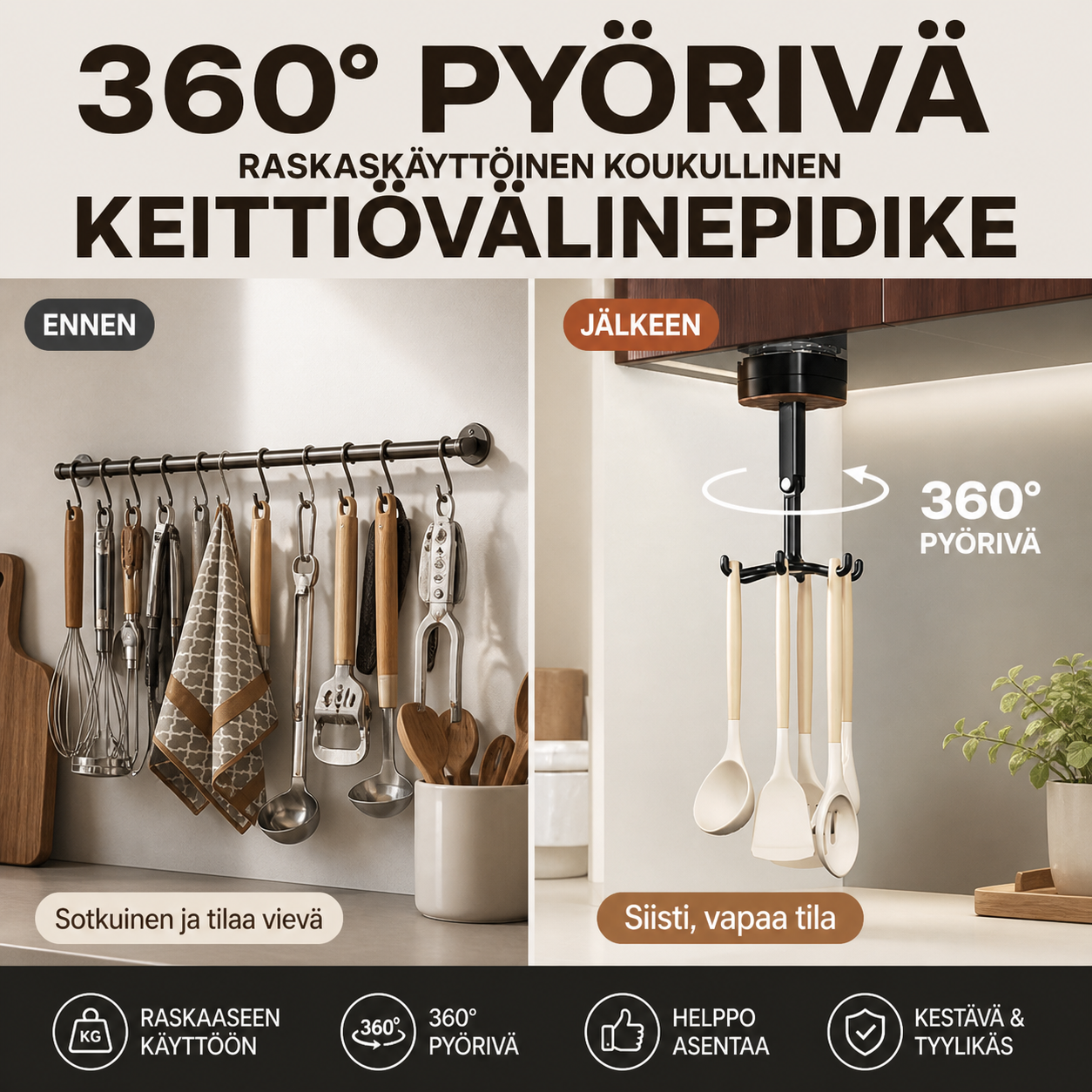 360° pyörivä raskaskäyttöinen koukullinen keittiövälinepidike
