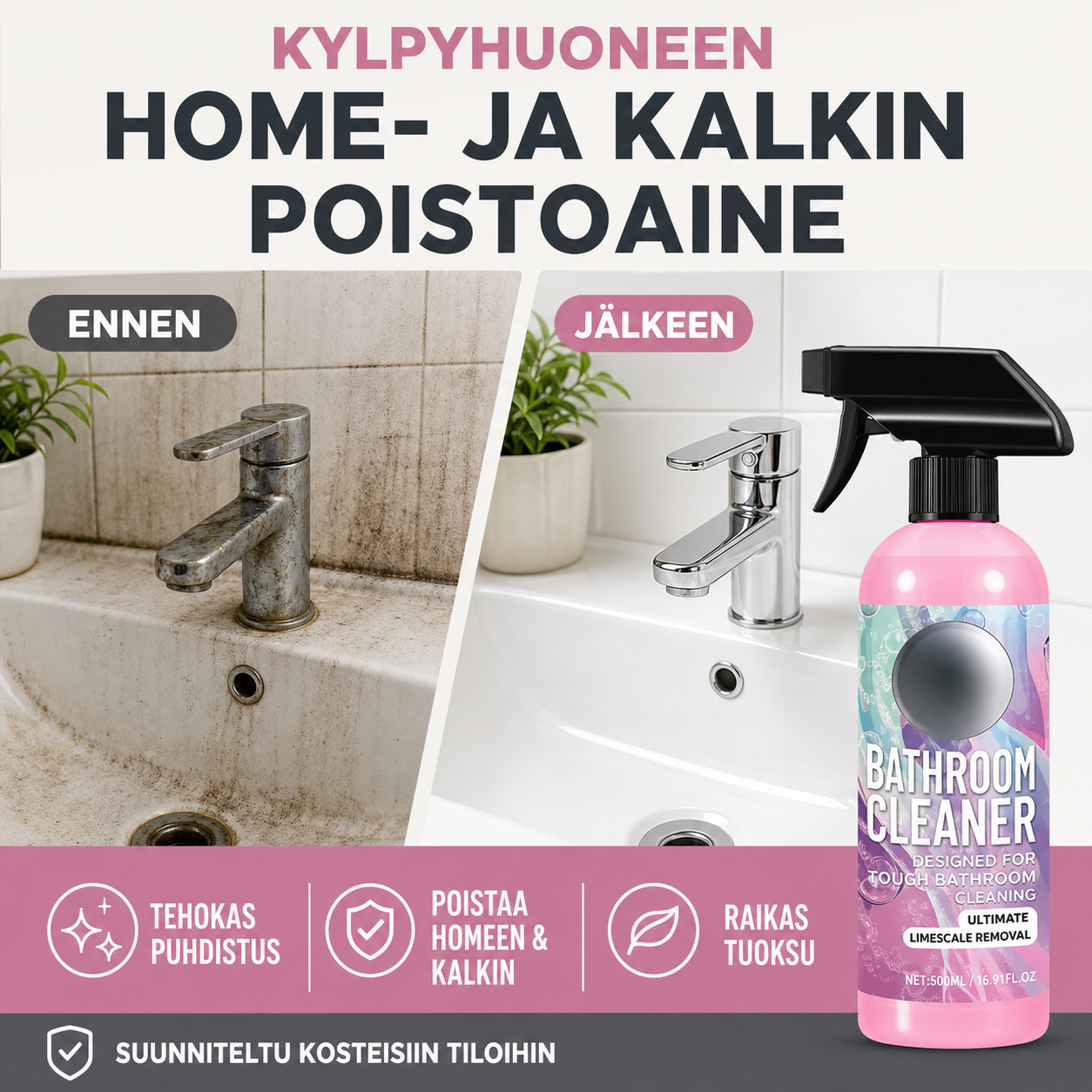 Monipintainen kylpyhuoneen puhdistusaine homeelle ja kalkille – tehokas puhdistus ilman hankausta!