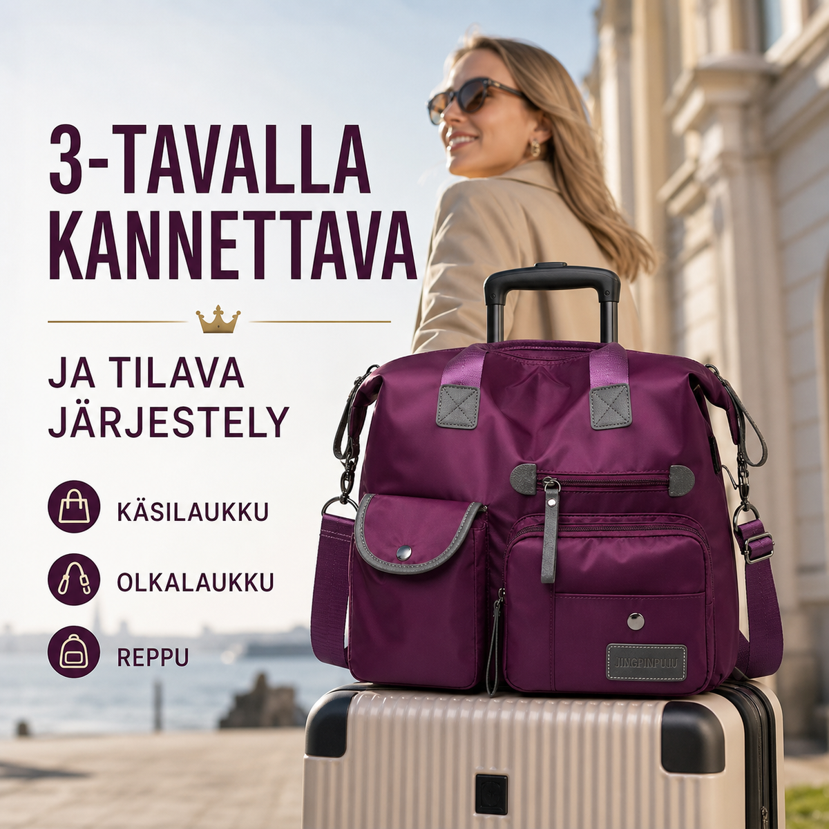 Vedenkestävä kassilaukku – 3-tavalla kannettava ja tilava järjestely