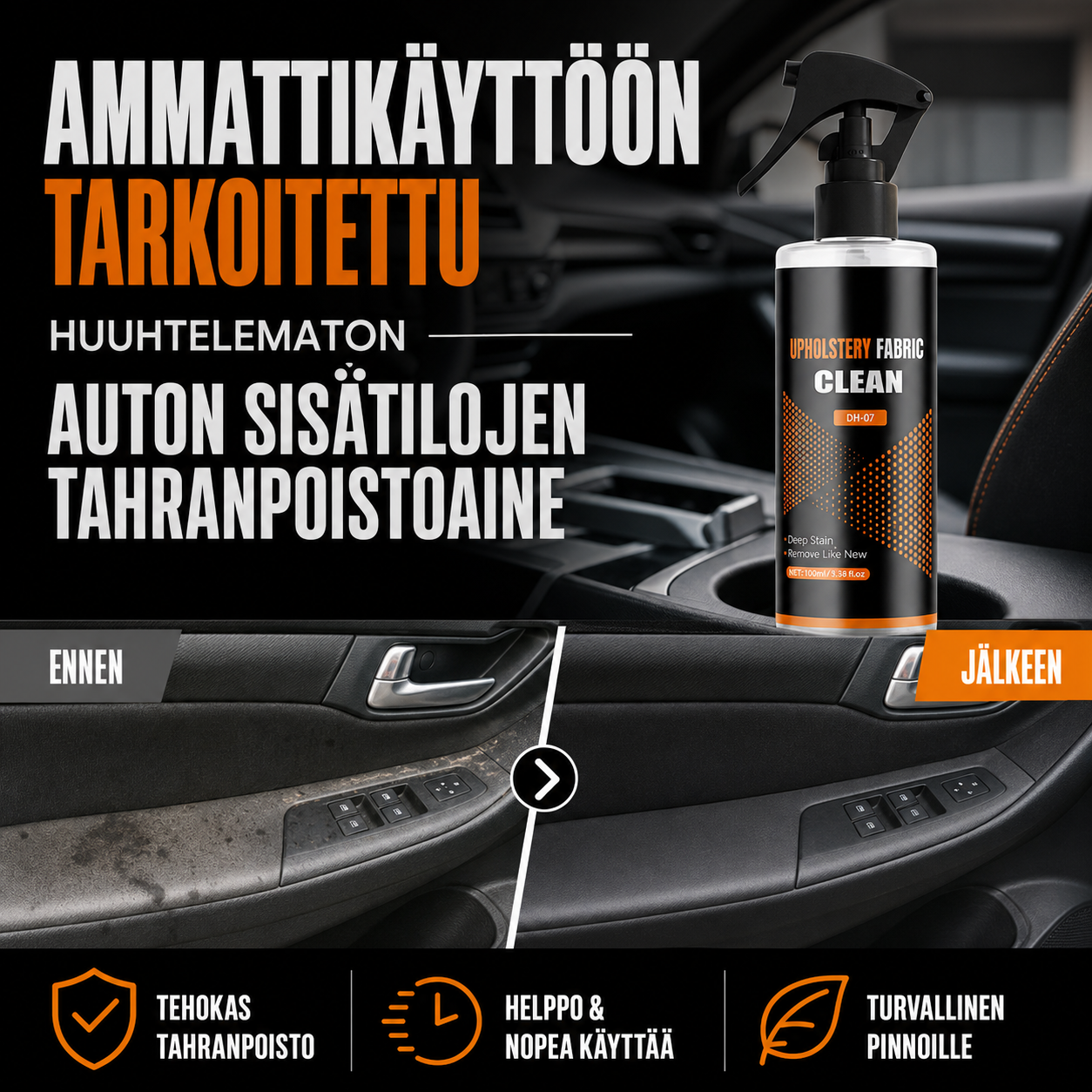 Ammattikäyttöön tarkoitettu, huuhtelematon auton sisätilojen tahranpoistoaine