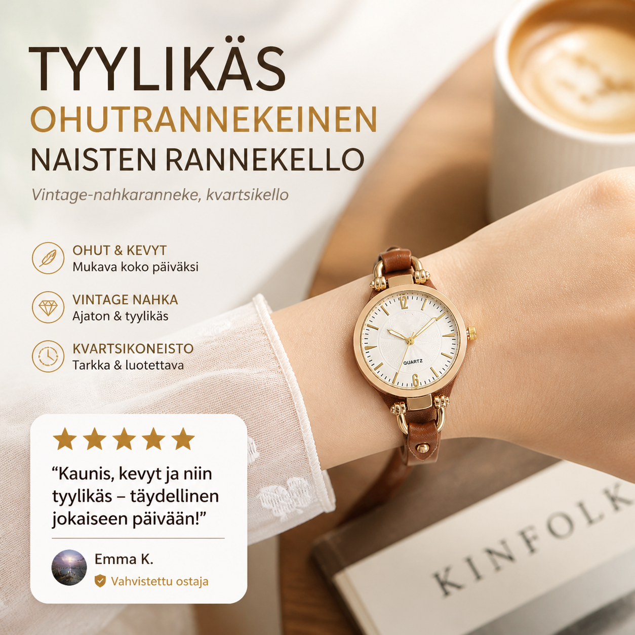 Tyylikäs ohutrannekeinen naisten rannekello – vintage-nahkaranneke, kvartsikello