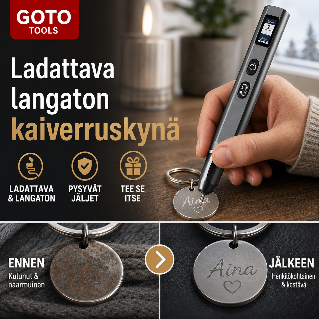 Ladattava langaton kaiverruskynä – tarkka ja helppo kaiverrus kaikille pinnoille!