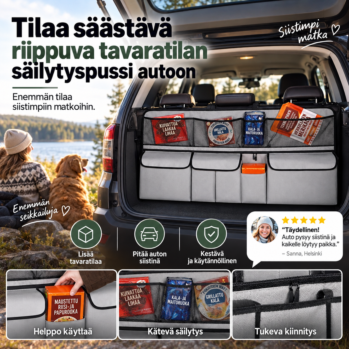 Tilaa säästävä riippuva tavaratilan säilytyspussi autoon