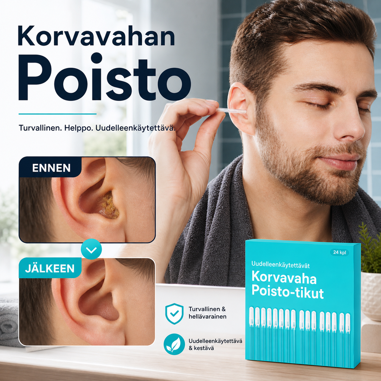 Uudelleenkäytettävät korvavahanpoistoon tarkoitetut liimapyyhkeet