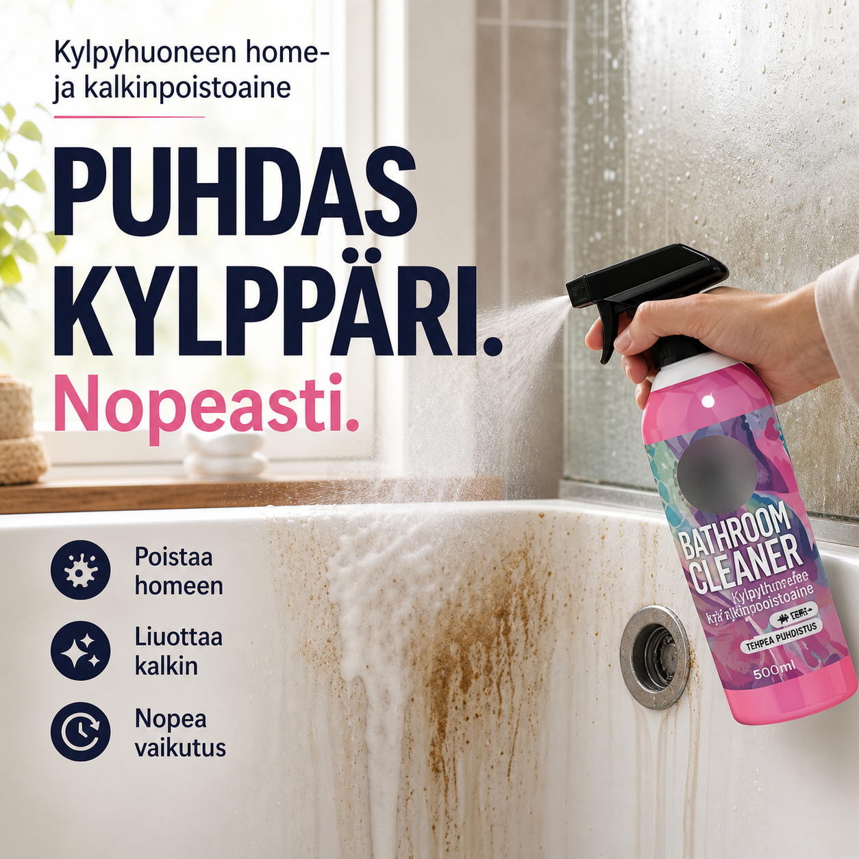Monipintainen kylpyhuoneen puhdistusaine homeelle ja kalkille – tehokas puhdistus ilman hankausta!