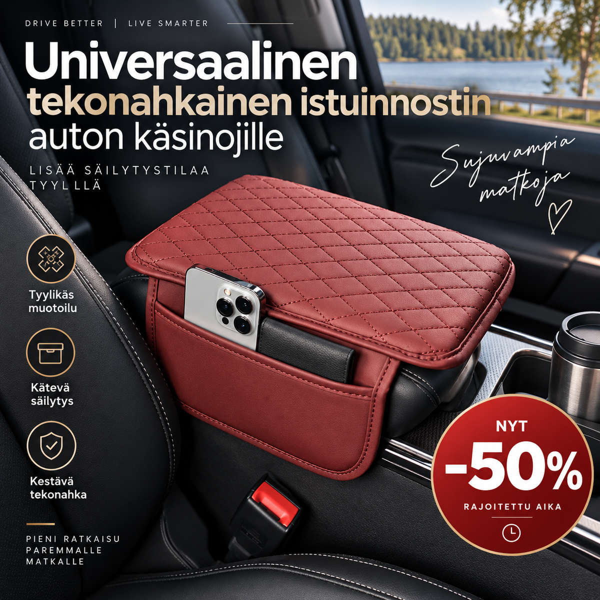 Universaalinen tekonahkainen istuinnostin auton käsinojille