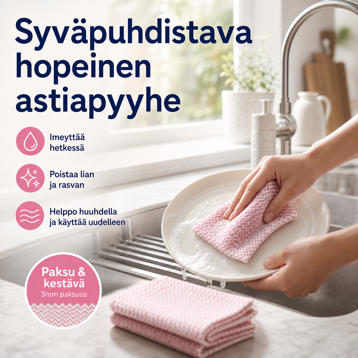 Syväpuhdistava hopeinen astiapyyhe